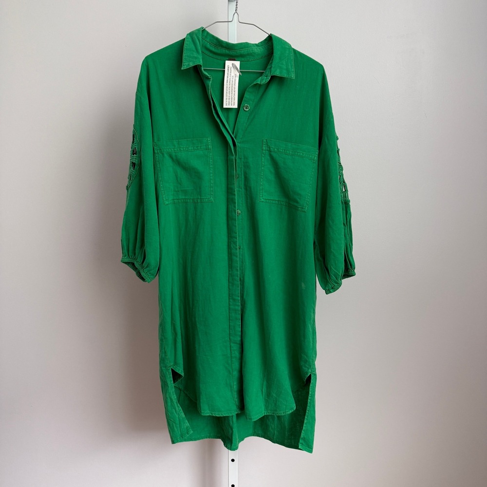 YFB Young Fabulous & Broke Green Embroidered Sleeve Button Down‎ Dress XS
